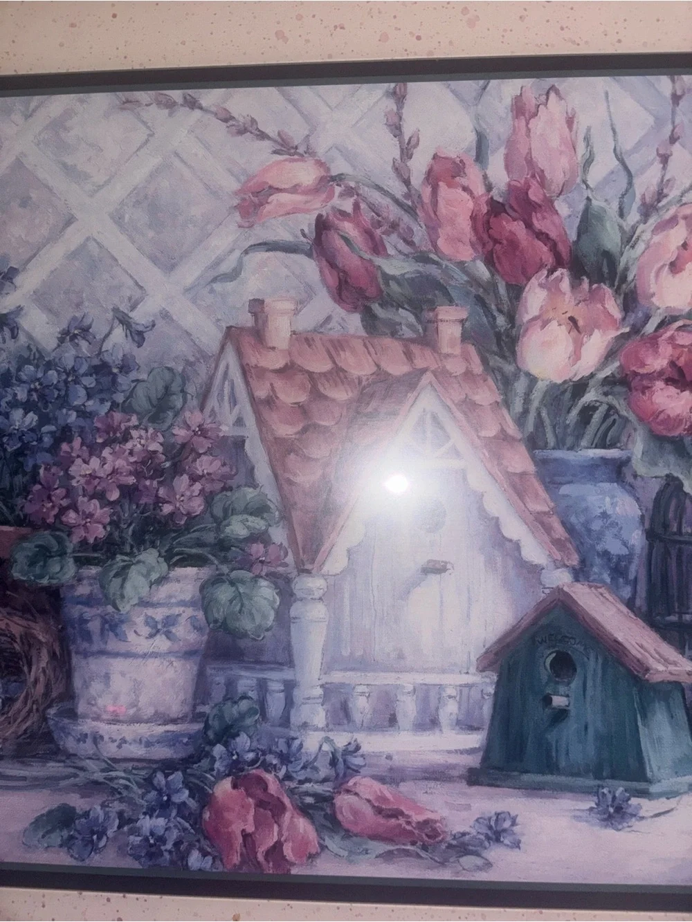 Vintage Floral Print titled Birdhouse Blessings By Barbara Mock